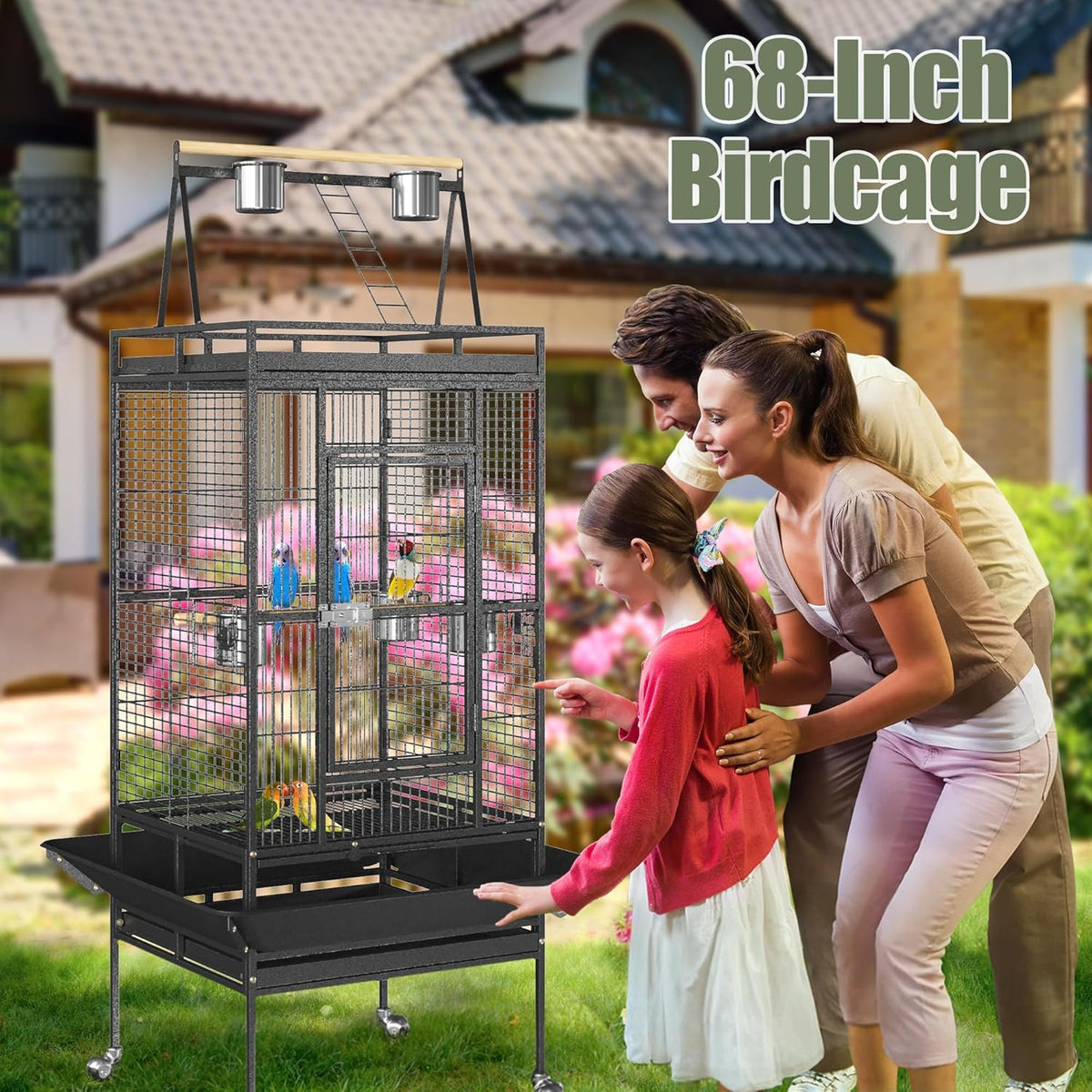 ZENY 68-Inch Birdcage, Playtop Parrot Cage, Wrought Iron Bird Cage with Rolling Stand, Heavy-Duty