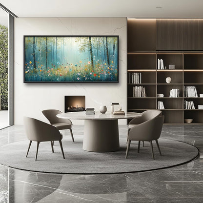 Large Forest Tree Wall Art for Living Room, Framed Oversized Wildflowers Wall Decor, Foggy