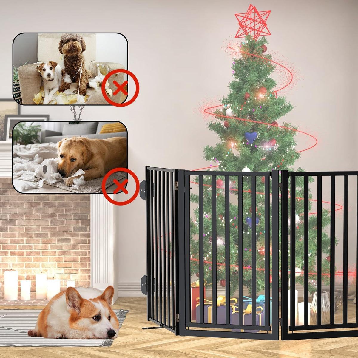 Portable Dog Fence with Door for Indoor Outdoor Use, Free Standing Dog Gate Foldable Design, Metal