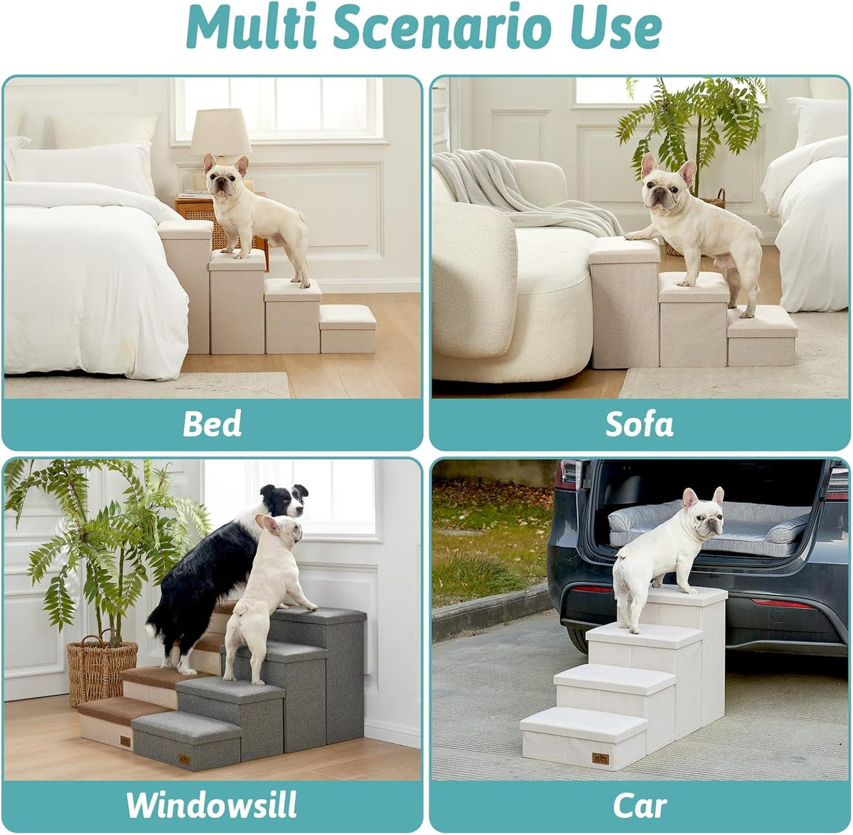 Dog Stairs with Storage, 4-Step Wider Sturdy Dog Steps for Small/Medium/Large Dogs and Older Cats