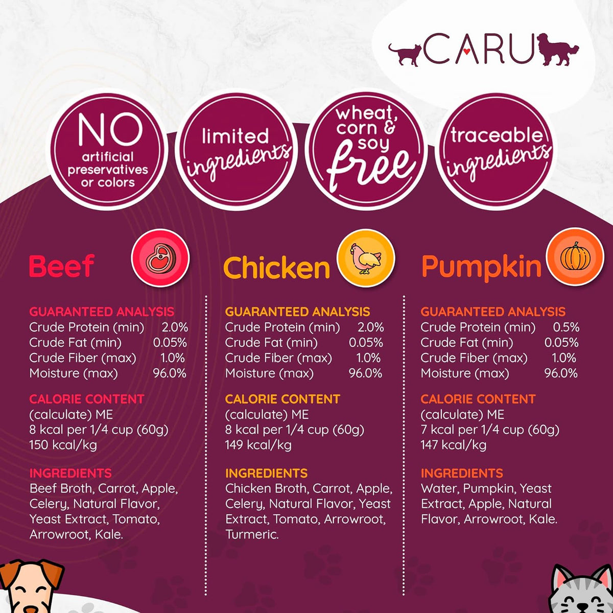 Caru - Daily Dish Pumpkin Broth Meal Topper for Dogs & Cats - Savory Pour-Over Broth - Pack of 3