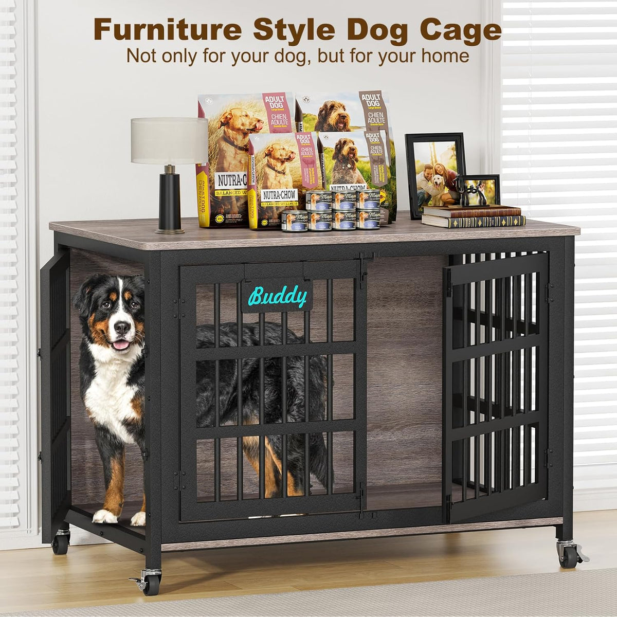 EasyCom 48"/42"/33" XXL Dog Crate Furniture with Casters, Heavy Duty Dog Kennel Indoor for Large