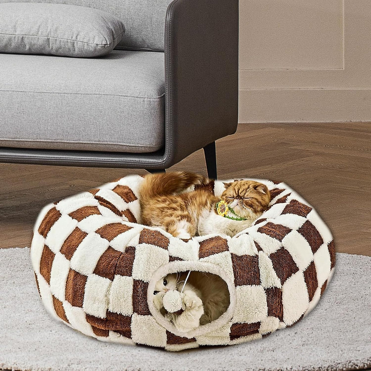 Cat Tunnel Bed with Washable Cushion for Indoor Cat, Donut Cave Tube Toys for Kitten Puppy Rabbit