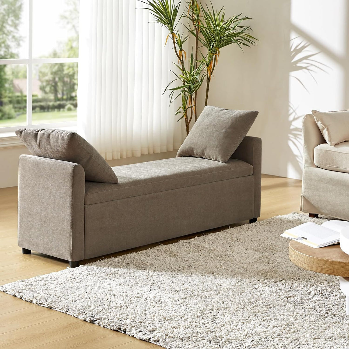 HULALA HOME Modern Storage Bench with Throw Pillows, 59.4" Extra Long Bedroom Ottoman Bench for End