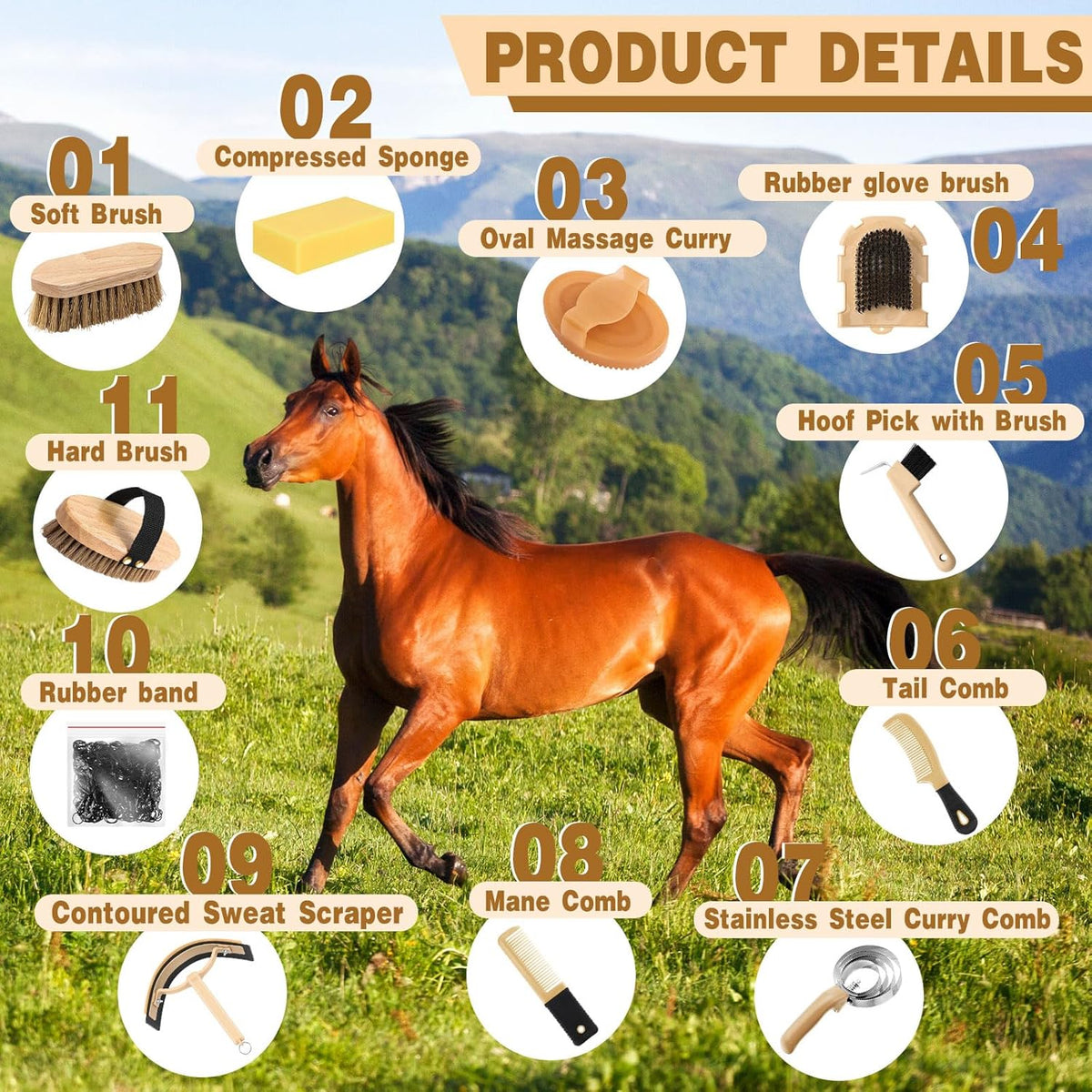 Abbylike 12 Pieces Horse Grooming Kit Racing Festival Tack Room Supplies Horse Brush Sets Equine