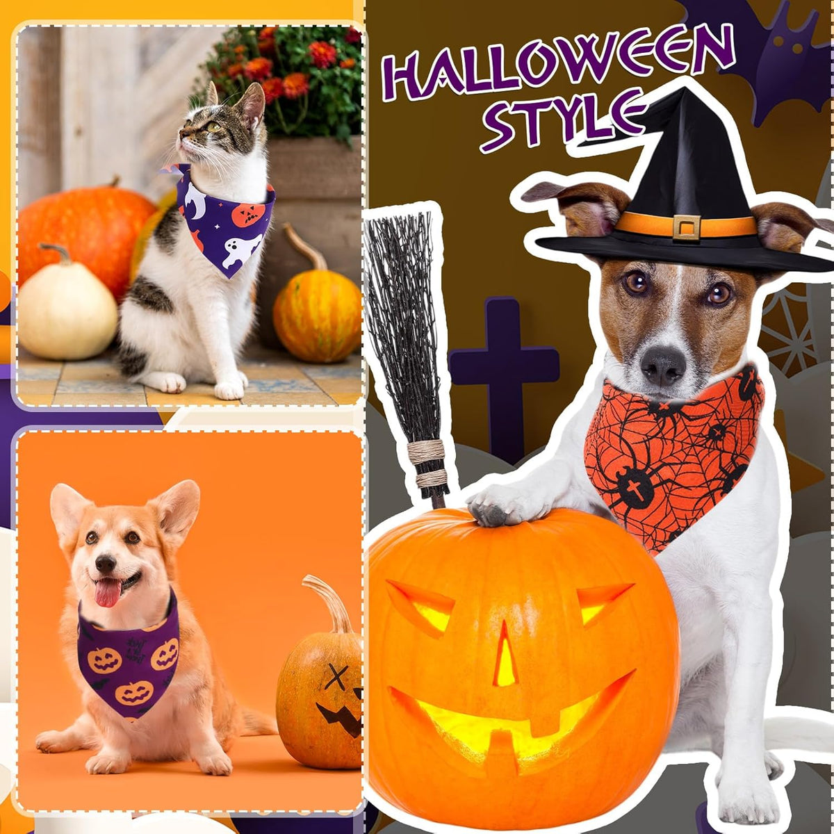 Abbylike 50 Pcs Halloween Dog Bandanas Bulk Pumpkin Bandanas for Dogs Triangle Kerchief Bibs Scarf