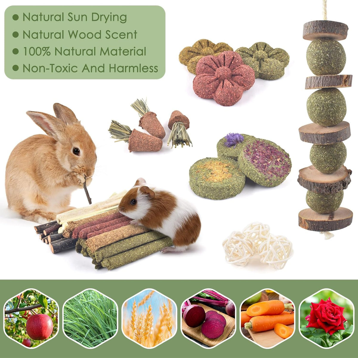 ERKOON Bunny Toys Boredom, 42 PCS Bunnies Timothy Hay Sticks Carrots Rose Grass Cake Dental Care