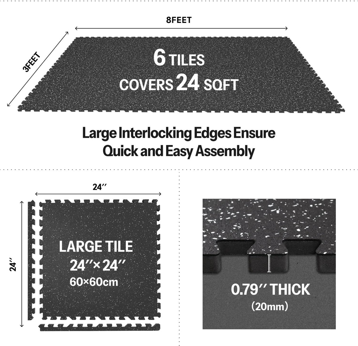 AIRHOP 0.79in Thick 24 Sq Ft Exercise Equipment Mats, 6 Tiles Upgraded Rubber Top with High Density