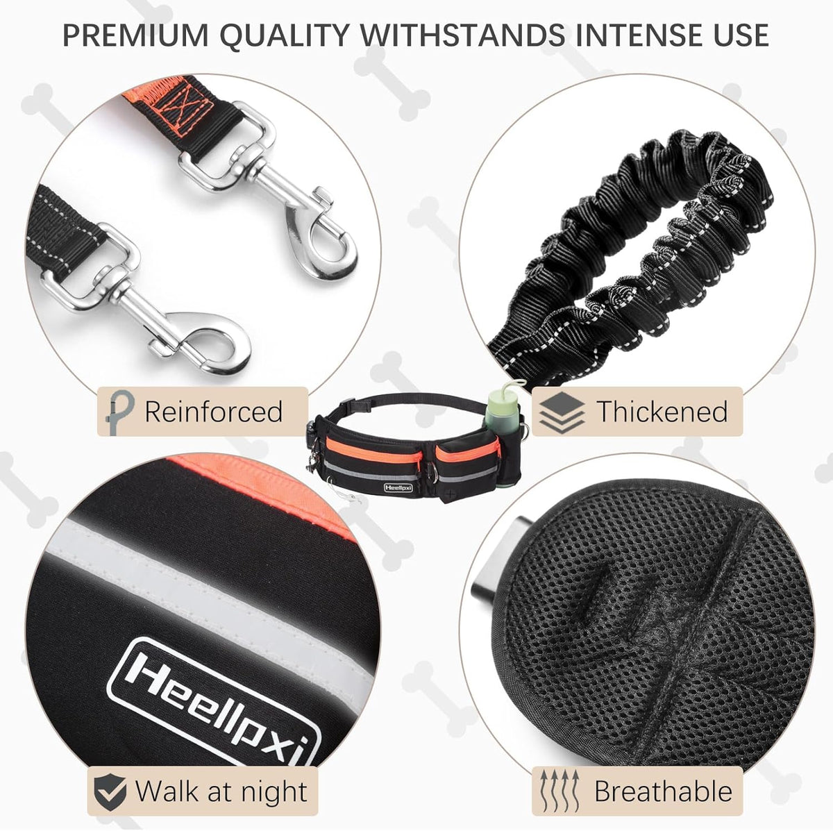 Hands-Free Waist Leash with Pouch for Two Dogs: Reflective Stitching, Dual Handle & Bungee