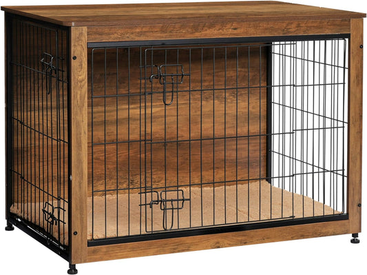 DWANTON Dog Crate Furniture with Cushion, Wooden Kennel Table with Double Doors, Indoor Dog House