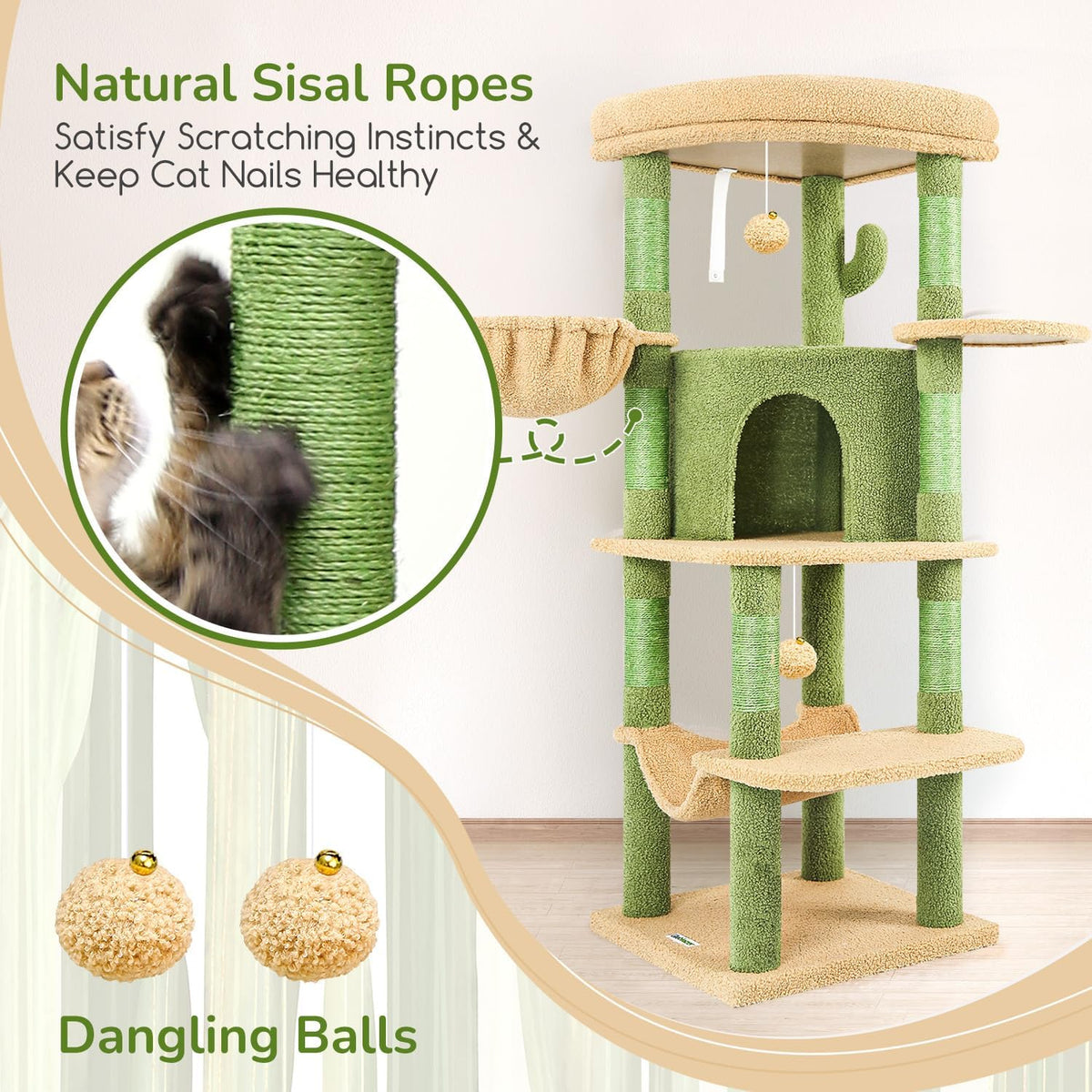 Globlazer Cactus Corner Cat Tree Tower with Scratching Post for Indoor Cats, 51in Multi-Level Cat