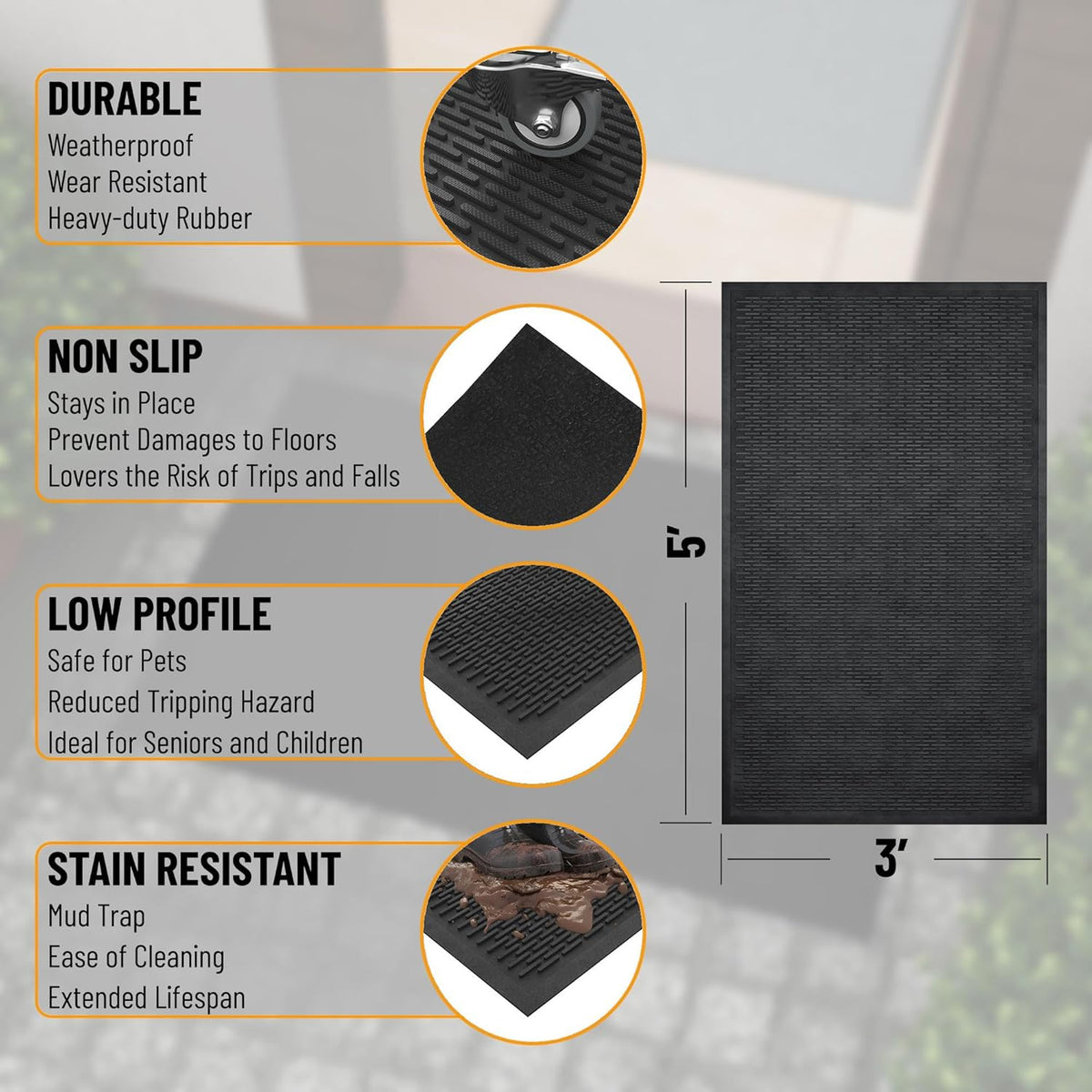 Indoor/Outdoor Hose-Wash Ribbed Design Non-Slip Rubber 3x5 Modern Area Rug for Living Room