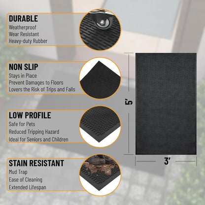 Indoor/Outdoor Hose-Wash Ribbed Design Non-Slip Rubber 3x5 Modern Area Rug for Living Room