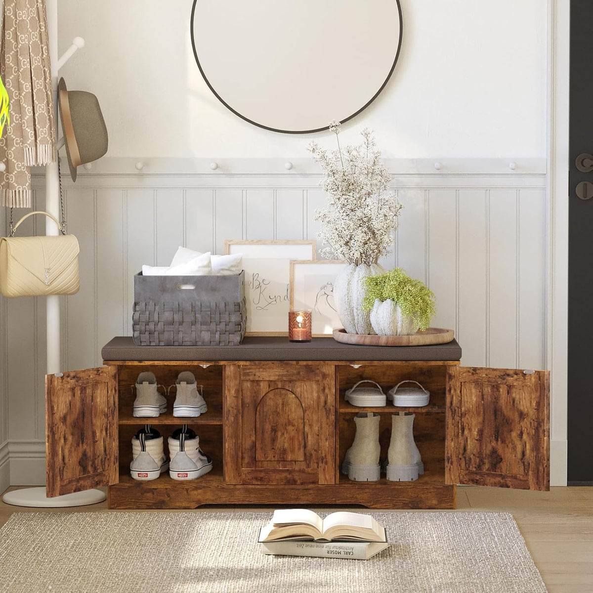 DINZI LVJ Shoe Bench, Entryway Storage Bench with Doors, Cushion, 2-Tier Shoe Rack with 6-Cubby
