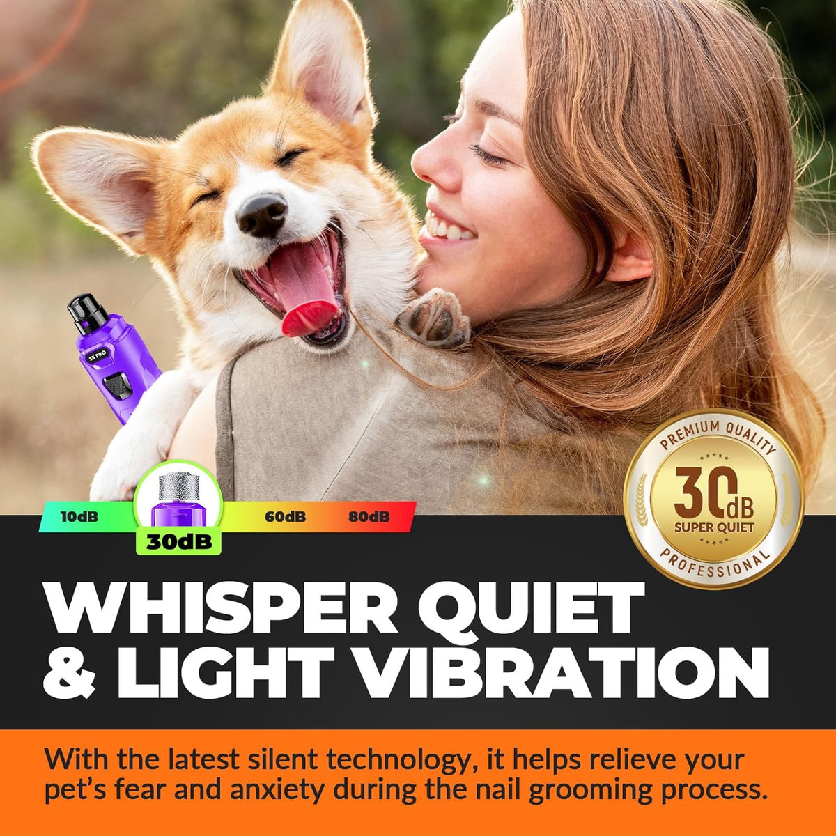 Dog Nail Grinder with 2 LED Lights Powerful 2 Speeds Super Quiet Dog Nail Trimmers with 3 Grinding