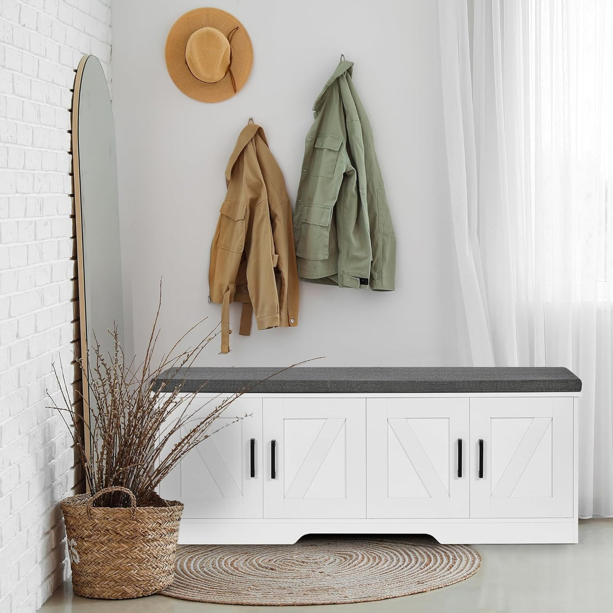 2-Tier Storage Bench, Shoe Bench with Padded Seat Cushion, Entryway Bench with 4 Barn Doors