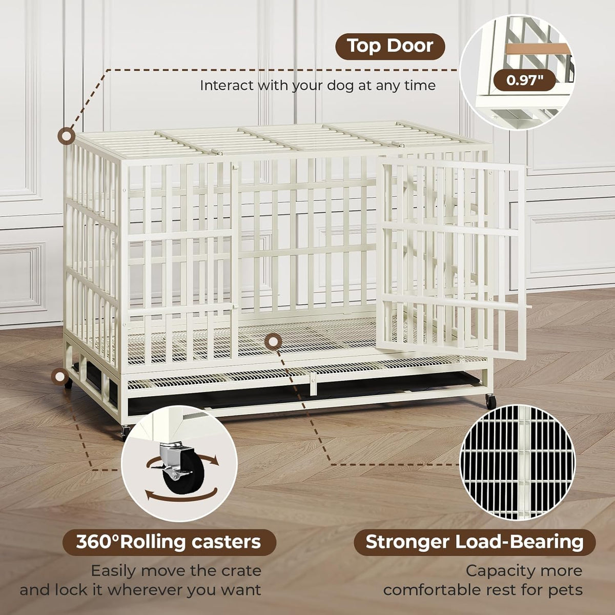 48 Inch Heavy Duty Dog Crate Steel Escape Proof, Indoor Double Door High Anxiety Cage Removable