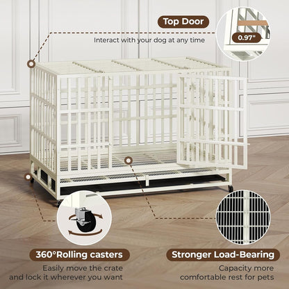 48 Inch Heavy Duty Dog Crate Steel Escape Proof, Indoor Double Door High Anxiety Cage Removable