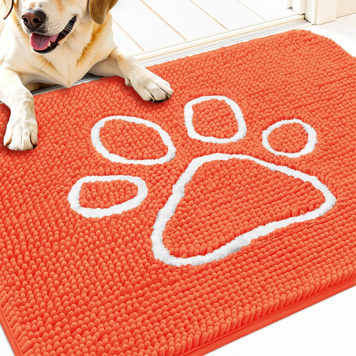 OLANLY Door Mat for Muddy Dog Paws 30x20, Ultra Absorbent Chenille Mud Doormat with Paw Print