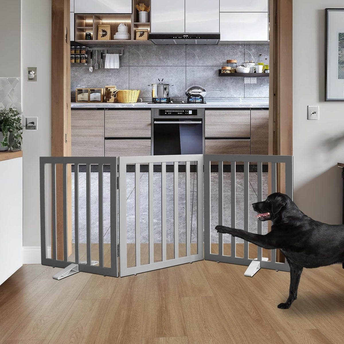 ZJSF Freestanding Indoor Dog Gate for House Foldable Wood Puppy Gate for Doorways Pet Gate for