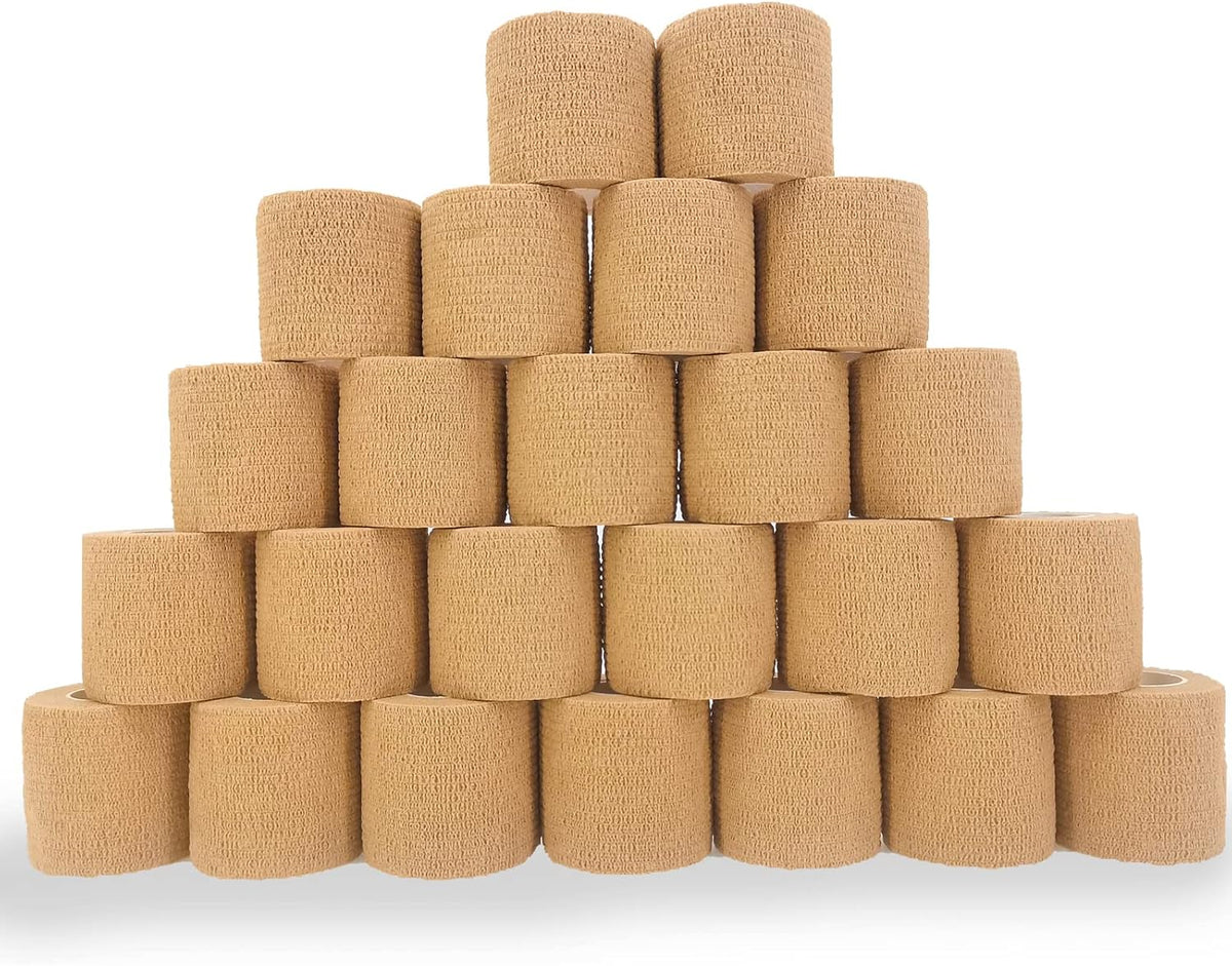 24 Pack Brown Breathable Self Adhesive Bandage Wrap 2 in, Multi-Purpose Non-Woven Cohesive Wrap