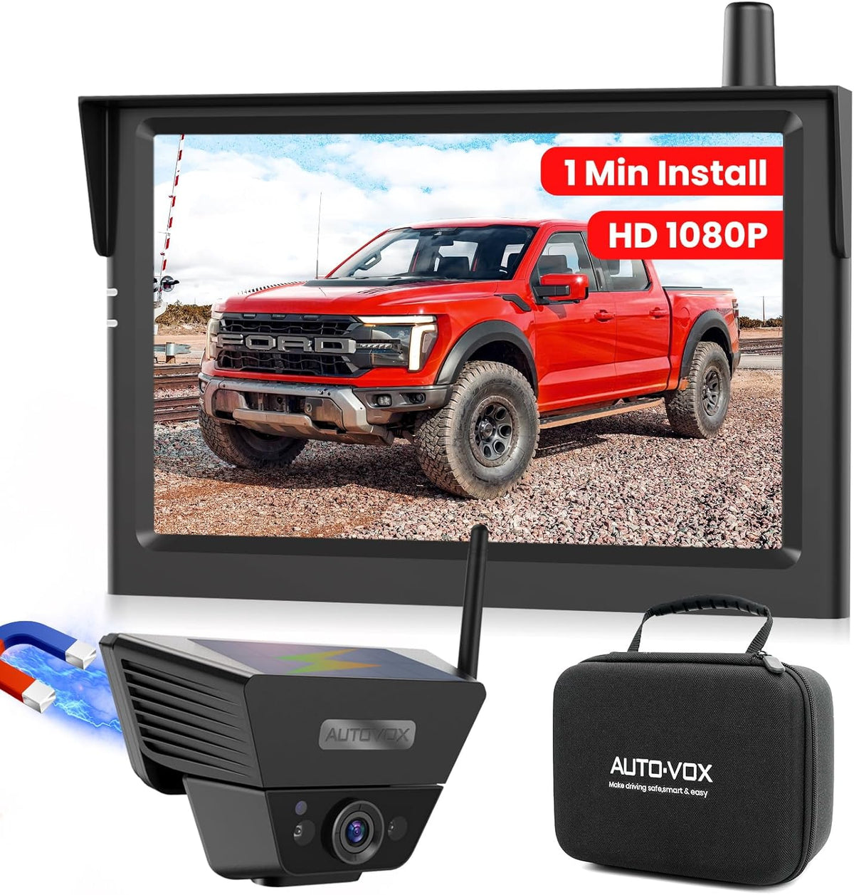 AUTO-VOX Wireless Backup Camera Solar Magnetic: 1-Min DIY Install, 5" 1080P Hd Dual Channel
