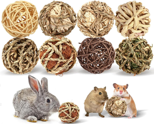 VESPRO Bunny Chew Grass Balls, (8 Pcs) Rolling Chew Toys for Small Animals, Natural Chew Grass Toys