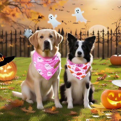 2 Pack Halloween Dog Bandanas,Leather Brand Logo, Double-Layed Soft Skin-Friendly Fabric, Autumn