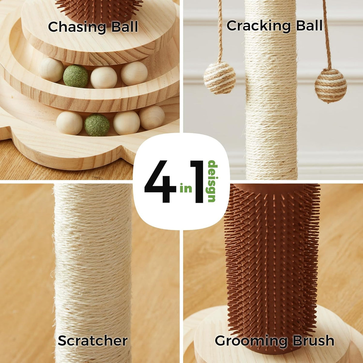 Cat Sisal Scratching Post, 4 in 1 Wooden Cat Scratcher Toy with Groomer, 24" Tall Scratch Post with
