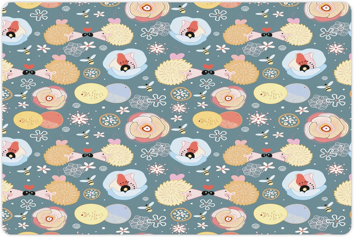 Lunarable Animal Pet Mat for Food and Water, Hedgehogs Kissing Hearts Love Bees Flowers Cheerful