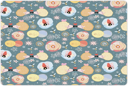 Lunarable Animal Pet Mat for Food and Water, Hedgehogs Kissing Hearts Love Bees Flowers Cheerful