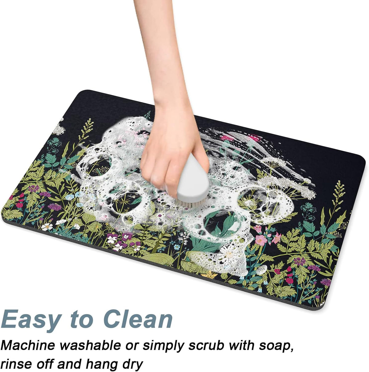 Rnivvi Dog Food Mat, 16" x 24" Flower Absorbent Dog Cat Bowl Mat for Food and Water, Cute Anti-Slip