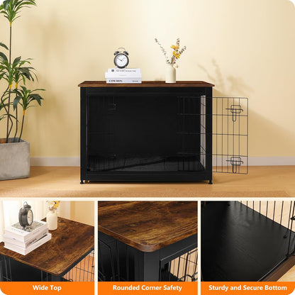 DWANTON Dog Crate Furniture with Cushion, Wooden Kennel Table with Double Doors, Indoor Dog House