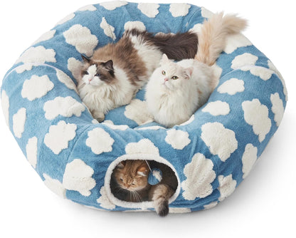 Lesure Large Cat Tunnel Bed - Cute Donut Bed for Indoor Cats with Washable Circle Cushion, Round