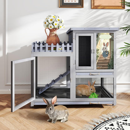 Wood Rabbit Hutch with Balcony - Small Animal House Bunny Cage on Wheels for Indoor Outdoor, Rabbit