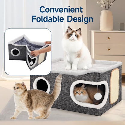 Cat Beds for Indoor Cats, Extra Wide Cat Cube House for Multi Cats, Foldable Cat Cave Hideaway with