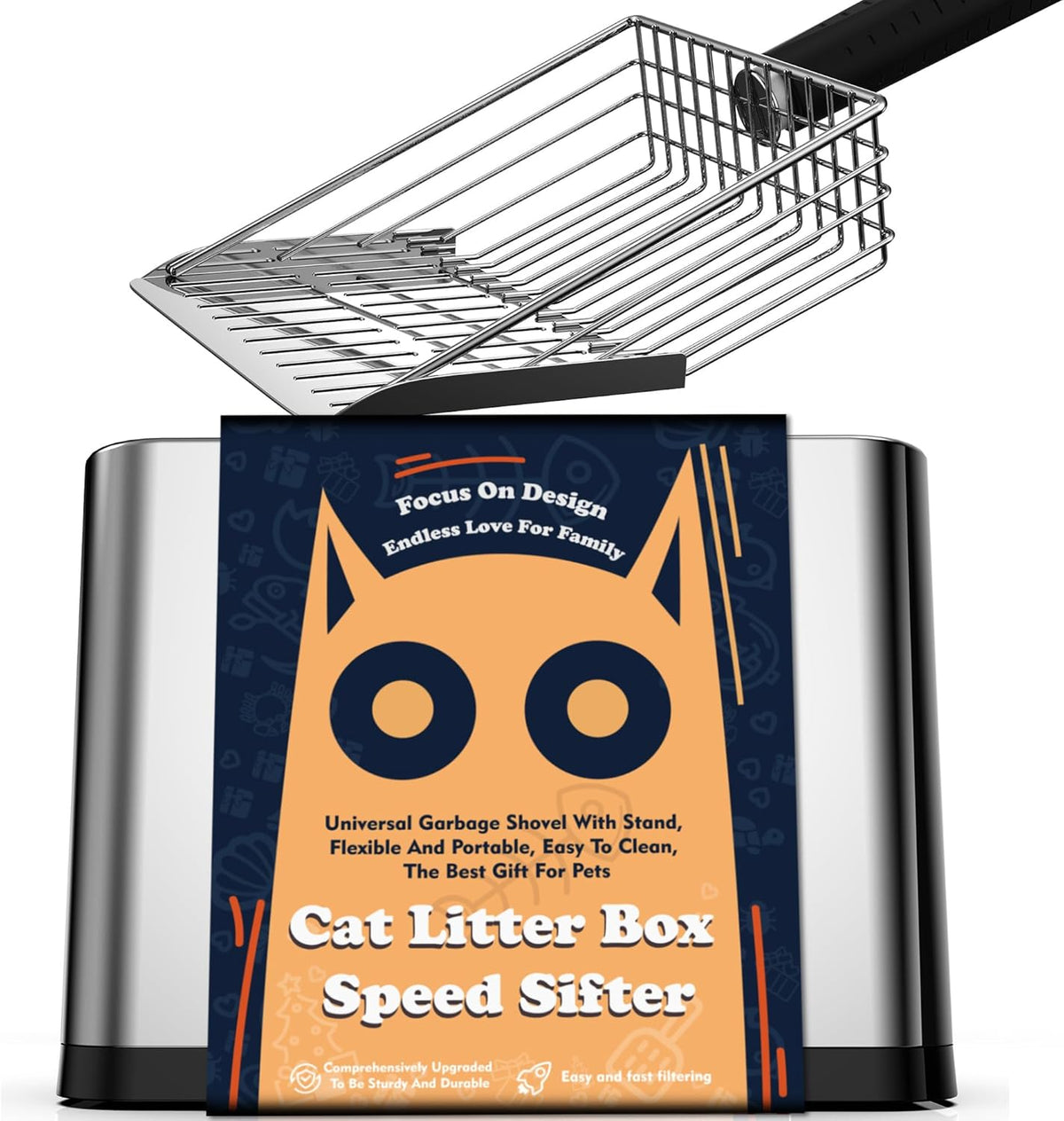 Heavy Duty Stainless Steel Cat Litter Scoop with Holder - Non-Slip Handle, Quick-Sifting Grid &