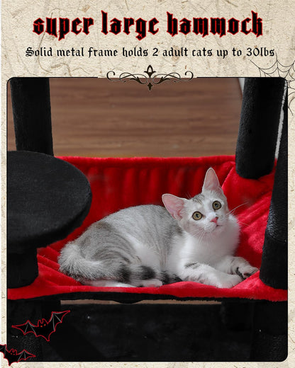 Gothic Cat Tree with Super Large Hammock, 56.3" Black Cat Tower with Coffin Bed, Cat Condo, Sisal