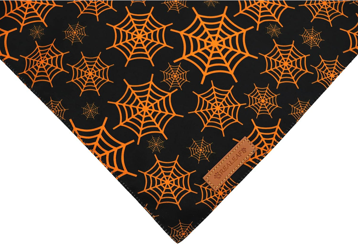 Realeaf Halloween Dog Bandanas 2 Pack, Pumpkin and Spider Web Bibs, Triangle Reversible Fall Pet