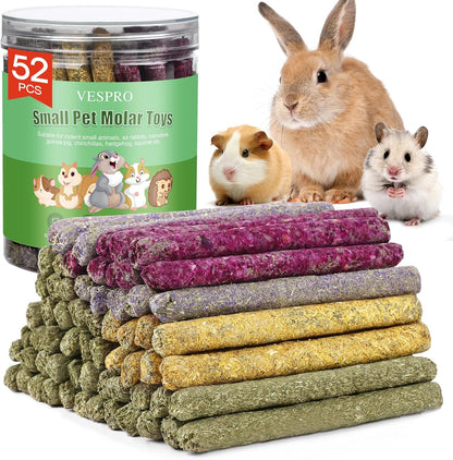 52Pcs Rabbit Chew Sticks, Guinea Pig Toys, Natural Timothy Grass Molar Teeth Stick, Mixing Flowers