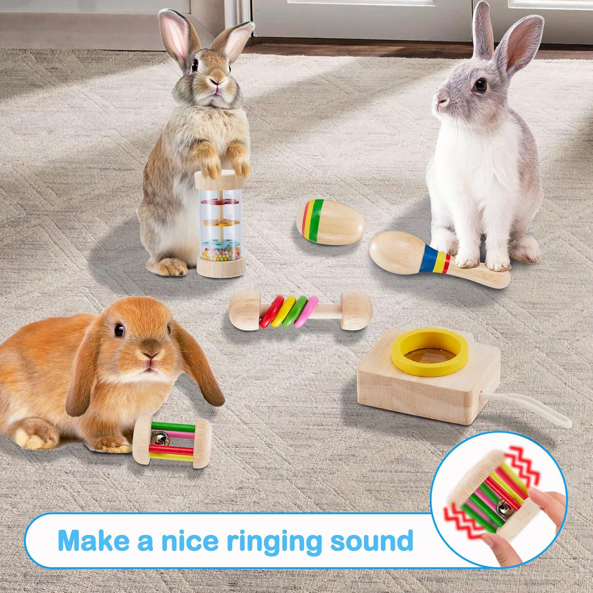 6 Pcs Wooden Bunny Toys - Safe Rabbit & Guinea Pigs Teeth Grinding Toys for Chinchillas, Hamsters &