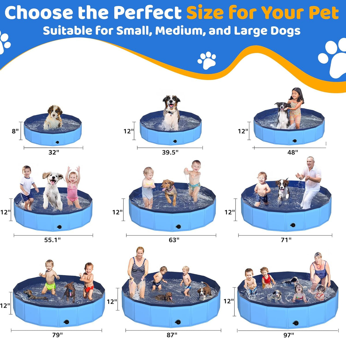 79" x 12" Foldable Dog Pool - Collapsible Hard Plastic Kiddie Pool for Dogs & Kids, Non-Slip Pet