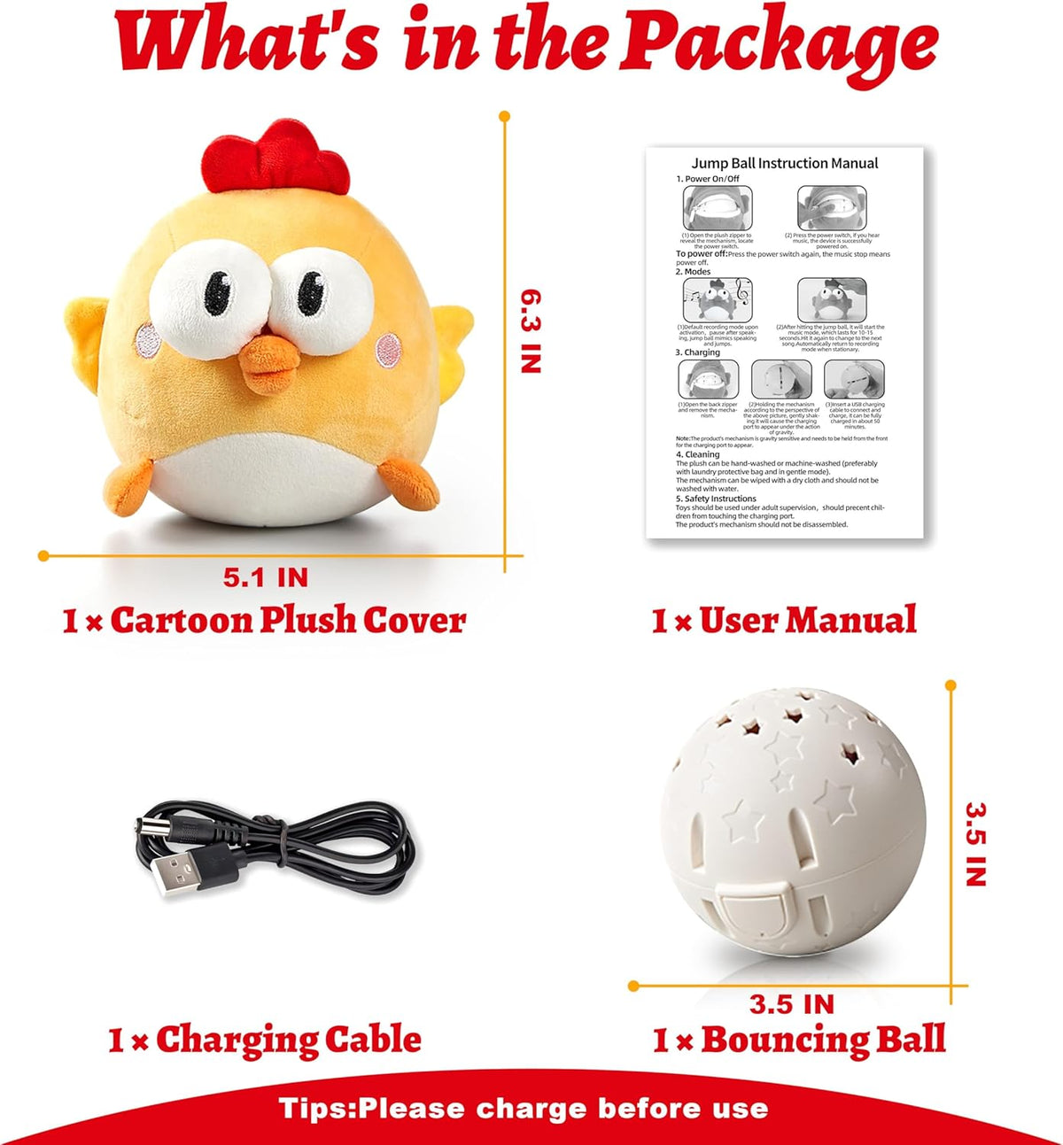 Interactive Dog Toys, Squeaky Moving Ball Toy with Jumping & Music Modes, Rechargeable Plush Chew