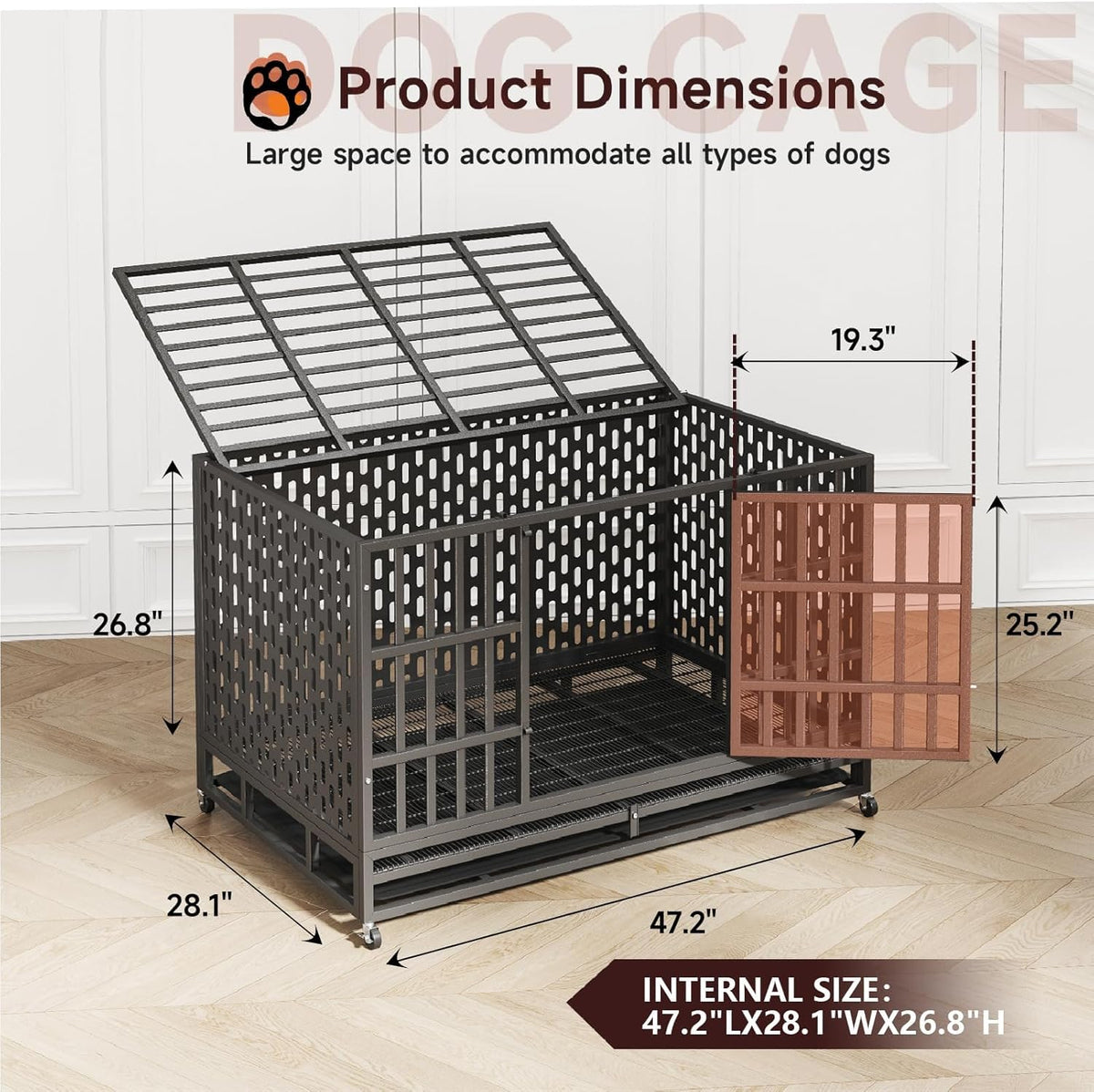 48/42 Inch Heavy Duty Indestructible Dog Crate Steel Escape Proof, Indoor Double Door High Anxiety