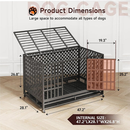 48/42 Inch Heavy Duty Indestructible Dog Crate Steel Escape Proof, Indoor Double Door High Anxiety