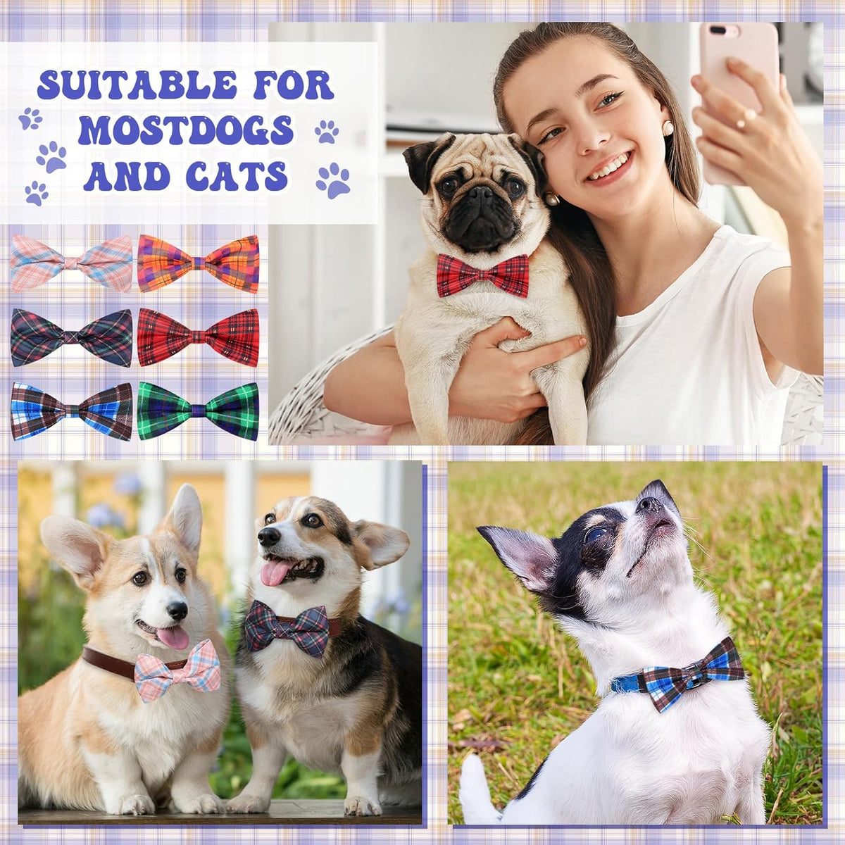 Reginary 50 Pieces Dog Bow Ties Pet Collar Bow Puppy Collar Attachment with Rubber Bands for Small