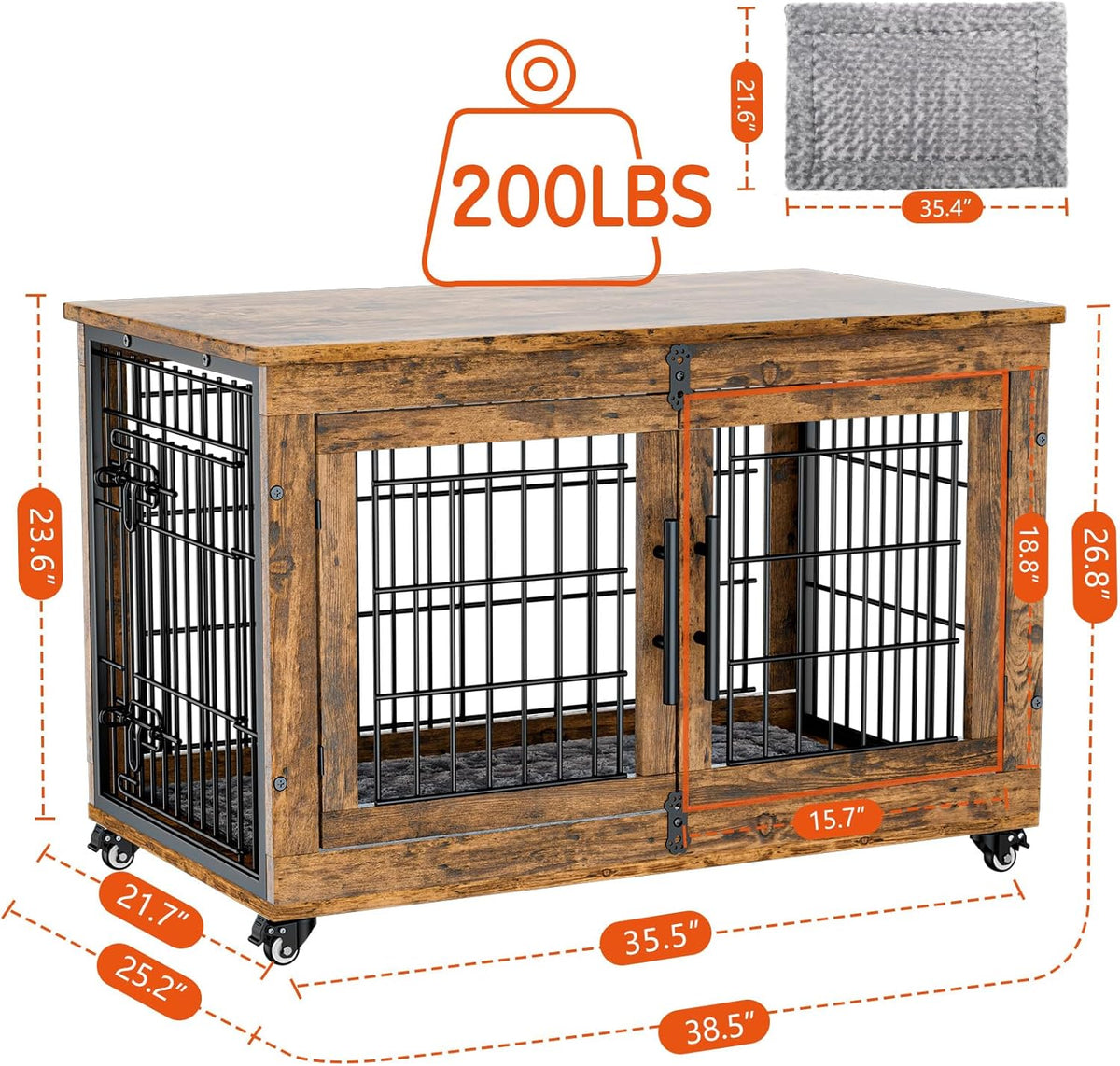 Lulive Dog Crate Furniture, Dog Kennel Indoor Double Doors Wooden Dog Cage, 38'' Heavy Duty Dog