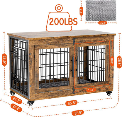 Lulive Dog Crate Furniture, Dog Kennel Indoor Double Doors Wooden Dog Cage, 38'' Heavy Duty Dog