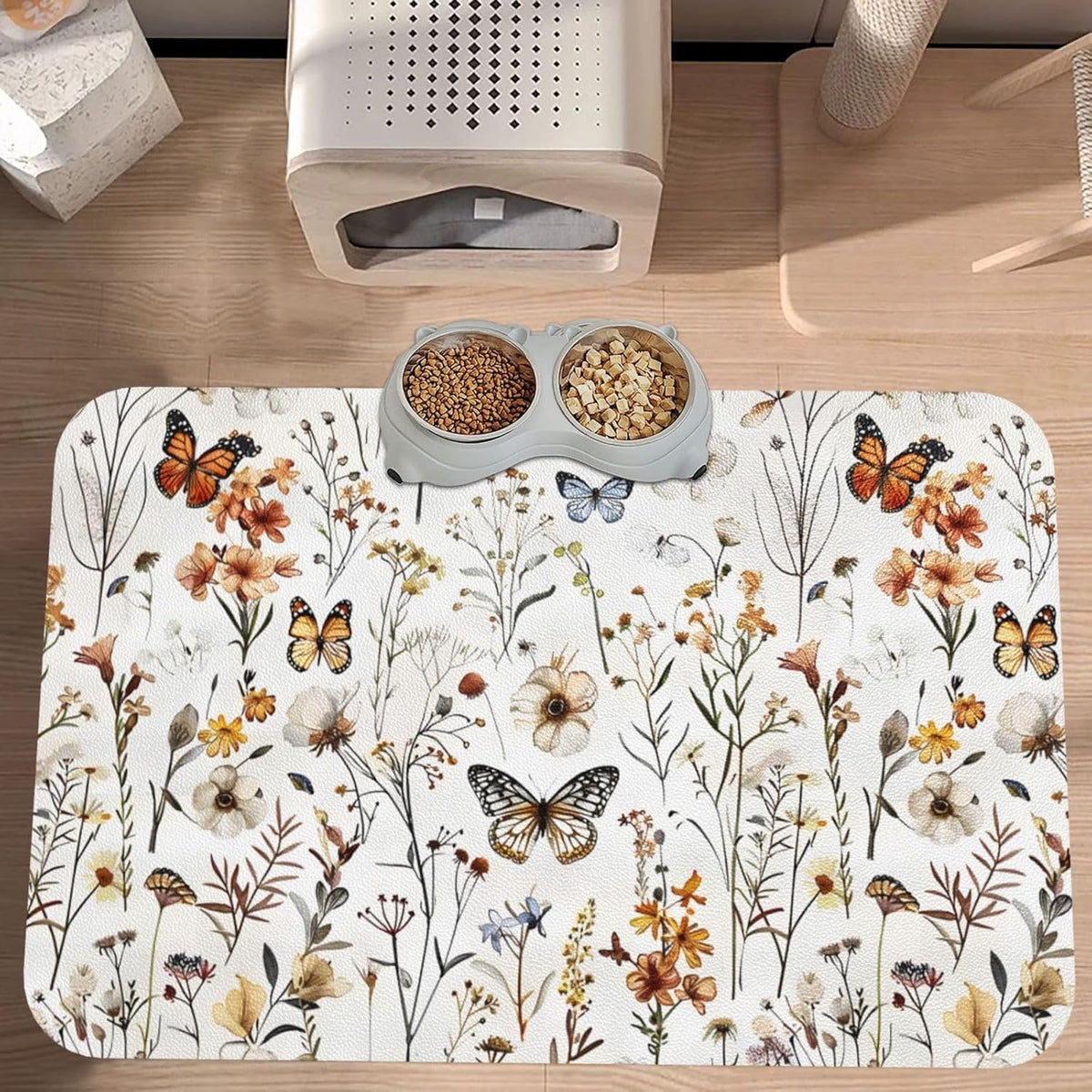 Wildflower Butterfly Dog Food Mat Absorbent Bowl Mats No Stains Quick Dry Waterproof Pet Cat