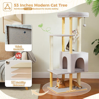 PAWZ Road Large Cat Tree, 53 Inches Modern Wooden Cat Tower for Indoor Cats, Multi-Level Cat Condos